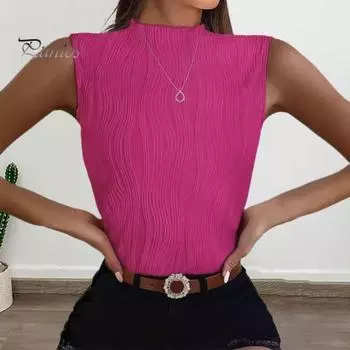 Женский летний жилет, однотонный жилет без рукавов с получерепаховым вырезом, полосатый жаккардовый текстурированный жилет, облегающий жилет, уличная одежда S розы красного