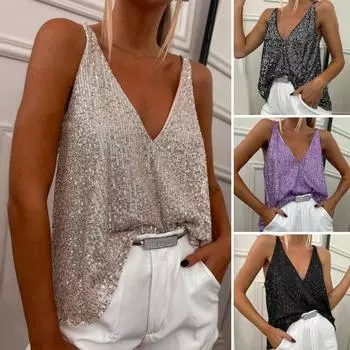 Женский летний жилет с глубоким вырезом и v-образным вырезом, без рукавов, с открытой спиной, блестящие пайетки, однотонный, свободный, мягкий, для вечеринок и клубов, повседневный топ-бретелька S