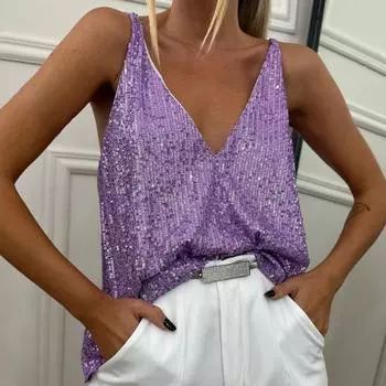 Женский летний жилет с глубоким вырезом и v-образным вырезом, без рукавов, с открытой спиной, блестящие пайетки, однотонный, свободный, мягкий, для вечеринок и клубов, повседневный топ-бретелька S фиолетовый