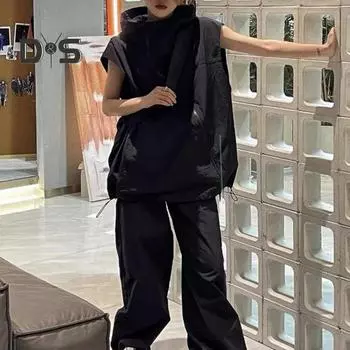 Женский летний жилет с капюшоном, диагональная молния, дышащая женская солнцезащитная одежда, женский сплошной цвет, повседневный свободный топ с карманом S чёрный