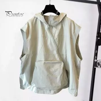 Женский летний жилет с капюшоном, диагональная молния, дышащая женская солнцезащитная одежда, женский сплошной цвет, повседневный свободный топ с карманом M абрикосовый