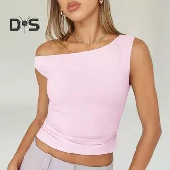 Женский летний жилет с косым воротником, пуловер без рукавов, однотонный, приталенный, с асимметричным вырезом, камзол S розовый