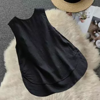 Женский летний жилет с круглым вырезом без рукавов, топы на бретелях с боковыми разрезами, сплошной цвет, свободный крой, жилет средней длины, повседневные пуловеры, топы, уличная одежда M чёрный