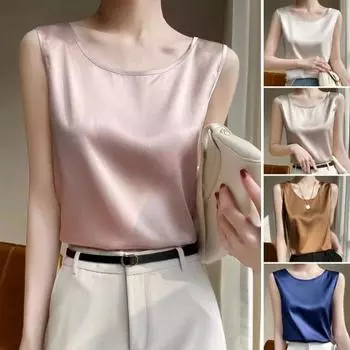 Женский летний жилет с круглым вырезом без рукавов, гладкий атласный жилет, топы на бретелях стандартной посадки, повседневная майка для клубов, повседневная одежда 2XL