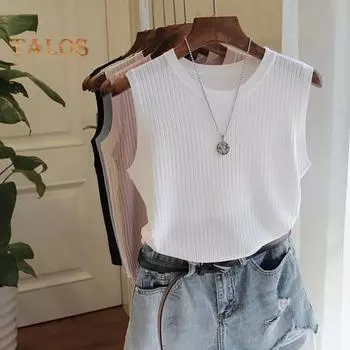 Женский летний жилет с круглым вырезом без рукавов, облегающие топы на бретелях, однотонные вязаные топы с тонким дном, уличная одежда M светло-синий