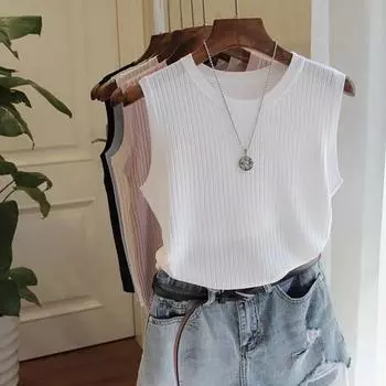 Женский летний жилет с круглым вырезом без рукавов, облегающий топ на бретелях, однотонный вязаный топ, тонкий M светло-синий