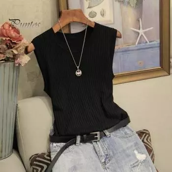 Женский летний жилет с круглым вырезом без рукавов, облегающие топы на бретелях, однотонные вязаные топы с тонким дном, уличная одежда M светло-синий