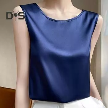 Женский летний жилет с круглым вырезом без рукавов, гладкий атласный жилет, топы на бретелях стандартной посадки, повседневная майка для клубов, повседневная одежда L