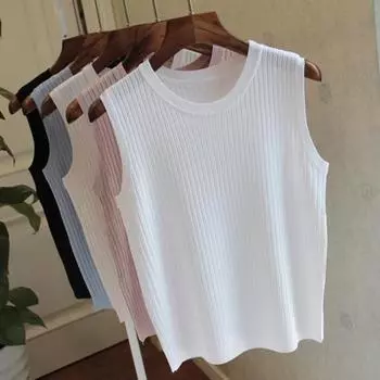 Женский летний жилет с круглым вырезом без рукавов, облегающие топы на бретелях, однотонные вязаные топы с тонким дном, уличная одежда M светло-синий