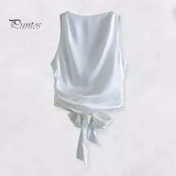 Женский летний жилет с круглым вырезом, без рукавов, с открытой спиной, гладкий атласный жилет с текстурой, топ с застежкой-бабочкой, топы на бретелях S чёрный