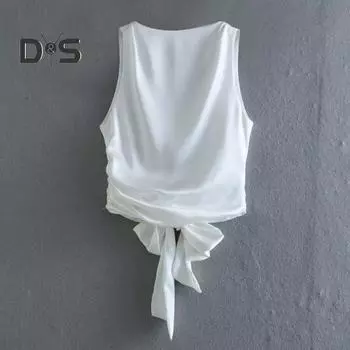 Женский летний жилет с круглым вырезом, без рукавов, с открытой спиной, гладкий атласный жилет с текстурой, топ с застежкой-бабочкой, топы на бретелях S чёрный