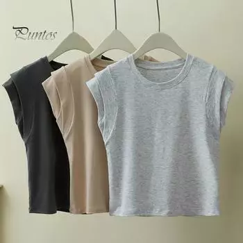 Женский летний жилет с круглым вырезом, небольшой сложенный жилет с летающими рукавами, однотонные облегающие короткие топы, уличная одежда L хаки