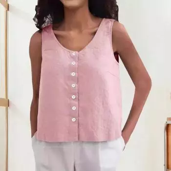 Женский летний жилет с круглым вырезом, свободные топы без рукавов, однотонные топы с планками на пуговицах, уличная одежда M белый