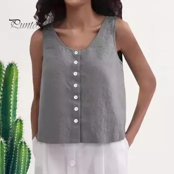 Женский летний жилет с круглым вырезом, свободные топы без рукавов, однотонные топы с планками на пуговицах, уличная одежда M белый