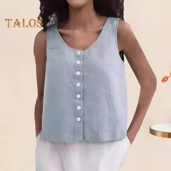 Женский летний жилет с круглым вырезом, свободные топы без рукавов, однотонные топы с планками на пуговицах, уличная одежда M белый