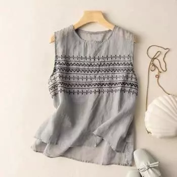 Женский летний жилет с круглым вырезом, тонкий жилет без рукавов, топы с вышивкой, пуловеры, топы, повседневные майки, уличная одежда L серый