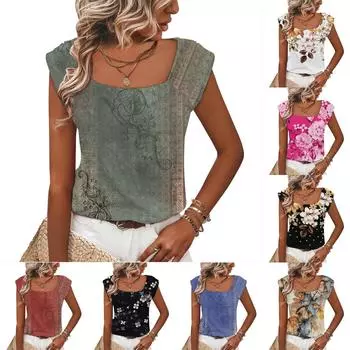 Женский летний жилет с квадратным вырезом, свободная повседневная рубашка с короткими рукавами и принтом, топ XXL чёрный