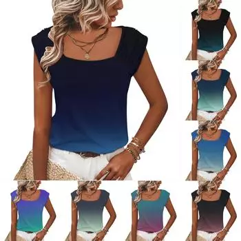 Женский летний жилет с квадратным вырезом, свободная повседневная рубашка с короткими рукавами и принтом, топ L синий