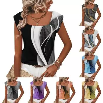 Женский летний жилет с квадратным вырезом, свободная повседневная рубашка с короткими рукавами и принтом, топ L чёрный