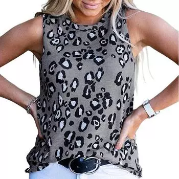 Женский летний жилет с леопардовым принтом, свободный повседневный топ на шее с круглым вырезом S серый