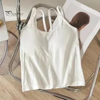 Женский летний жилет с U-образным вырезом, без рукавов, с перекрещенными бретелями на спине, жилет, топы с подушечками на груди, облегающие однотонные топы, уличная одежда чёрный