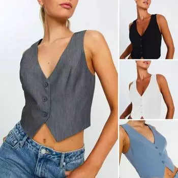 Женский летний жилет с v-образным вырезом, однобортный однобортный однотонный кардиган без рукавов, облегающий кардиган с неровным подолом, короткий формальный L серый