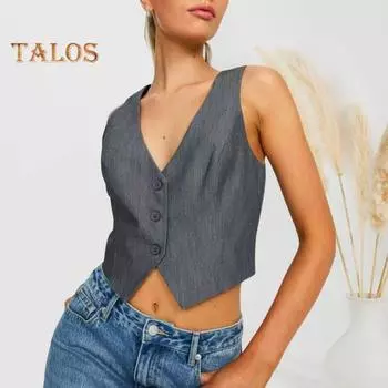 Женский летний жилет с V-образным вырезом, однобортный однобортный сплошной цвет без рукавов, облегающий кардиган с нерегулярным подолом, короткий деловой жилет для деловых поездок L серый