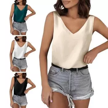 Женский летний жилет с v-образным вырезом, однотонные топы без рукавов, свободные атласные топы на бретельках, универсальные повседневные топы S белый