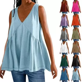 Женский летний жилет с v-образным вырезом, свободная рубашка с принтом, повседневный топ без рукавов с рюшами L чёрный