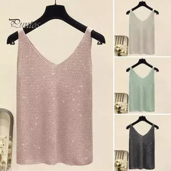 Женский летний жилет с v-образным вырезом на бретельках без рукавов, топы на бретелях с горячим декором, однотонные свободные топы зелёный