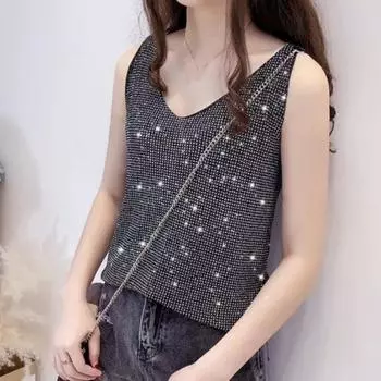 Женский летний жилет с v-образным вырезом на бретельках без рукавов, топы на бретелях с горячим декором, однотонные свободные топы зелёный