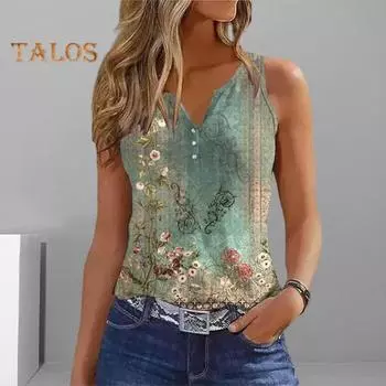 Женский летний жилет с v-образным вырезом, без рукавов, с цветочным принтом, майки на пуговицах, свободный крой, повседневная камзол, уличная одежда S синий