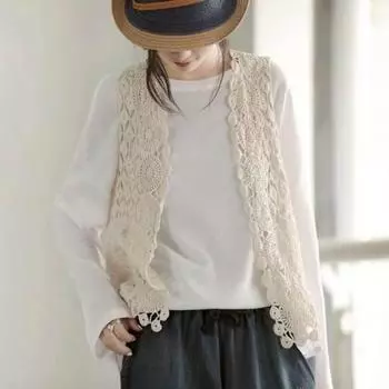 Женский летний жилет с вырезом в стиле ретро, вязаный крючком без рукавов, свободный однотонный тонкий кардиган с открытой вышивкой, повседневная верхняя одежда, пальто, топ
