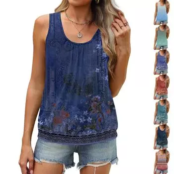 Женский летний жилет, свободная плиссированная рубашка с круглым вырезом, повседневный топ без рукавов L циан