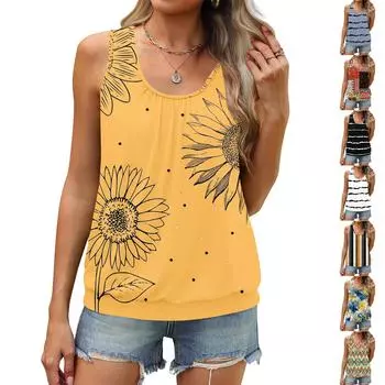 Женский летний жилет, свободная плиссированная рубашка с круглым вырезом, повседневный топ без рукавов L бежевый