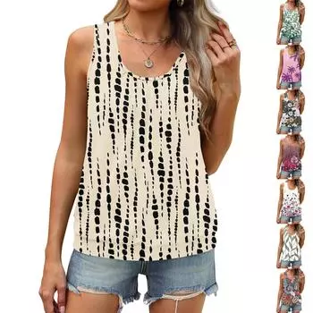 Женский летний жилет, свободная плиссированная рубашка с круглым вырезом, повседневный топ без рукавов L бежевый