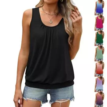 Женский летний жилет, свободная плиссированная рубашка с круглым вырезом, повседневный топ без рукавов L чёрный