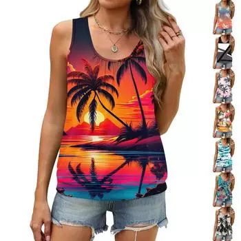 Женский летний жилет, свободная плиссированная рубашка с круглым вырезом, повседневный топ без рукавов L чёрный