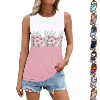 Женский летний жилет, свободная плиссированная рубашка с круглым вырезом, повседневный топ без рукавов L чёрный