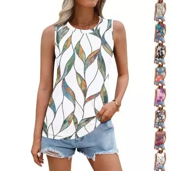 Женский летний жилет, свободная плиссированная рубашка с круглым вырезом, повседневный топ без рукавов L бежевый