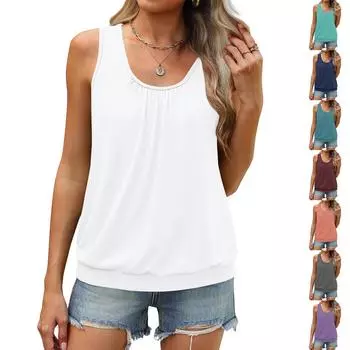 Женский летний жилет, свободная плиссированная рубашка с круглым вырезом, повседневный топ без рукавов L