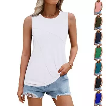 Женский летний жилет, свободная плиссированная рубашка с круглым вырезом, повседневный топ без рукавов L армия зеленый