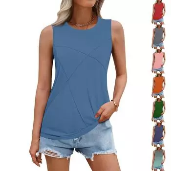 Женский летний жилет, свободная плиссированная рубашка с круглым вырезом, повседневный топ без рукавов L армия зеленый