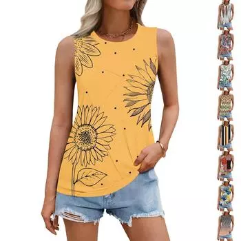 Женский летний жилет, свободная плиссированная рубашка с круглым вырезом, повседневный топ без рукавов L