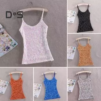 Женский летний жилет-топ с блестящими пайетками, без рукавов, регулируемый, с бретельками-спагетти, с круглым вырезом, облегающий мягкий пуловер, эластичный, блестящий, для выступлений на сцене серебряный