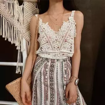 Женский летний жилет, топы с v-образным вырезом без рукавов, вязаные крючком, однотонные полые кружевные слинги белый