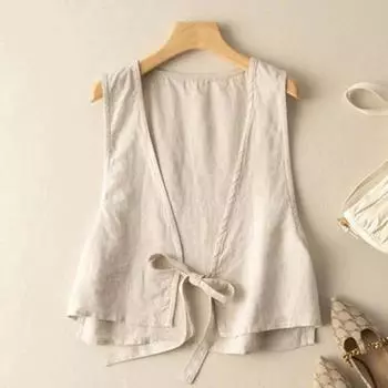 Женский летний жилет в литературном ретро-этническом стиле, однотонный, тонкий, свободный, с завязками на лацканах 2XL