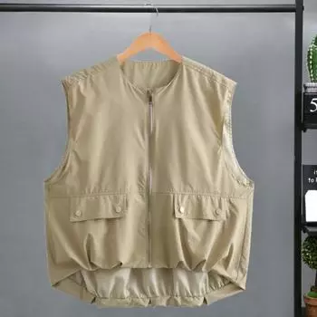 Женский летний жилет в японском стиле на молнии, круглый однотонный кардиган без рукавов, свободный кардиган, повседневная повседневная одежда S хаки