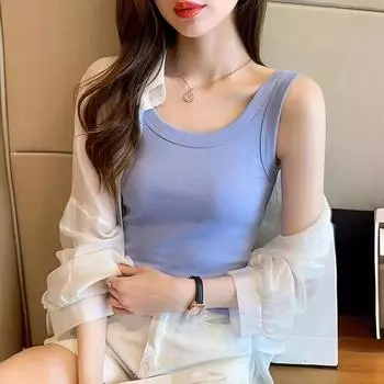 Женский летний жилет в рубчик с U-образным вырезом 2022 года: Однотонный топ без рукавов с подтяжками One size (80-140 catties) серый