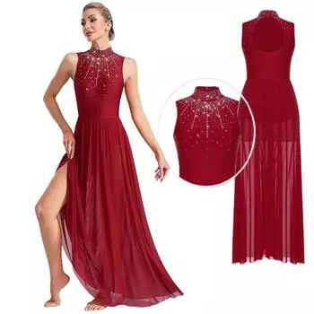 Женский лирический современный танцевальный костюм для бальных танцев, вальс, танцевальная одежда без рукавов, блестящий декор из страз, макси-платье S бордовый